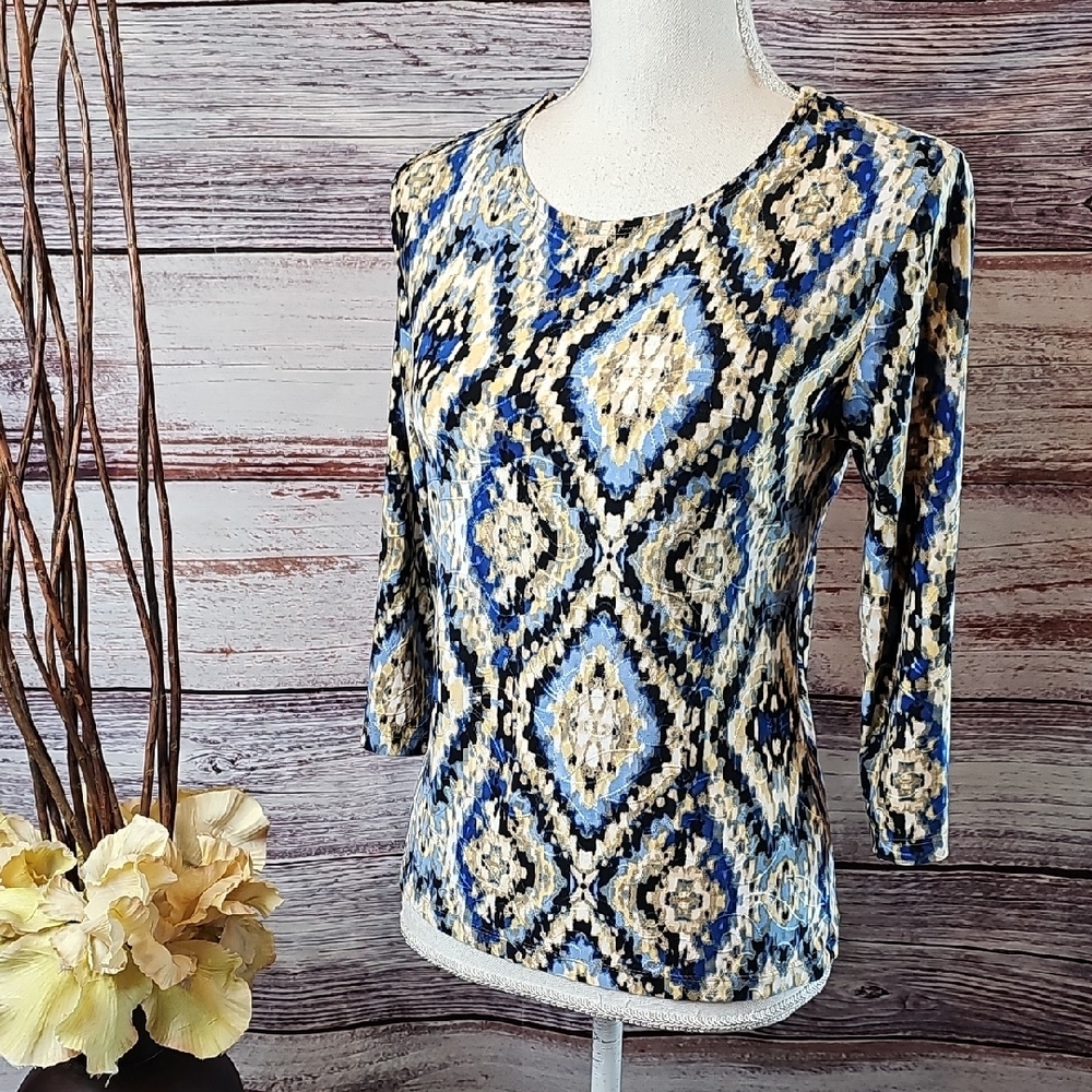 NEW JM COLLECTION BLUE &  BROWN GEOMETRIC PRINT 3/4 SLEEVE PULLOVER TOP TUNIC